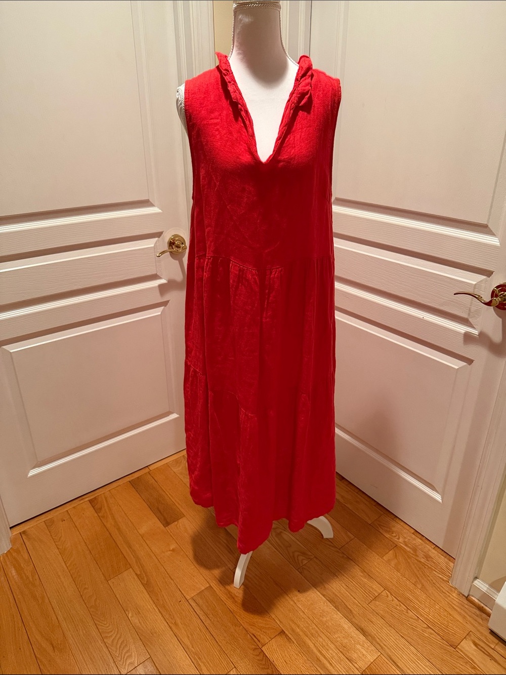 Sleeveless Linen Coral V-Neck Maxi Flowing Dress